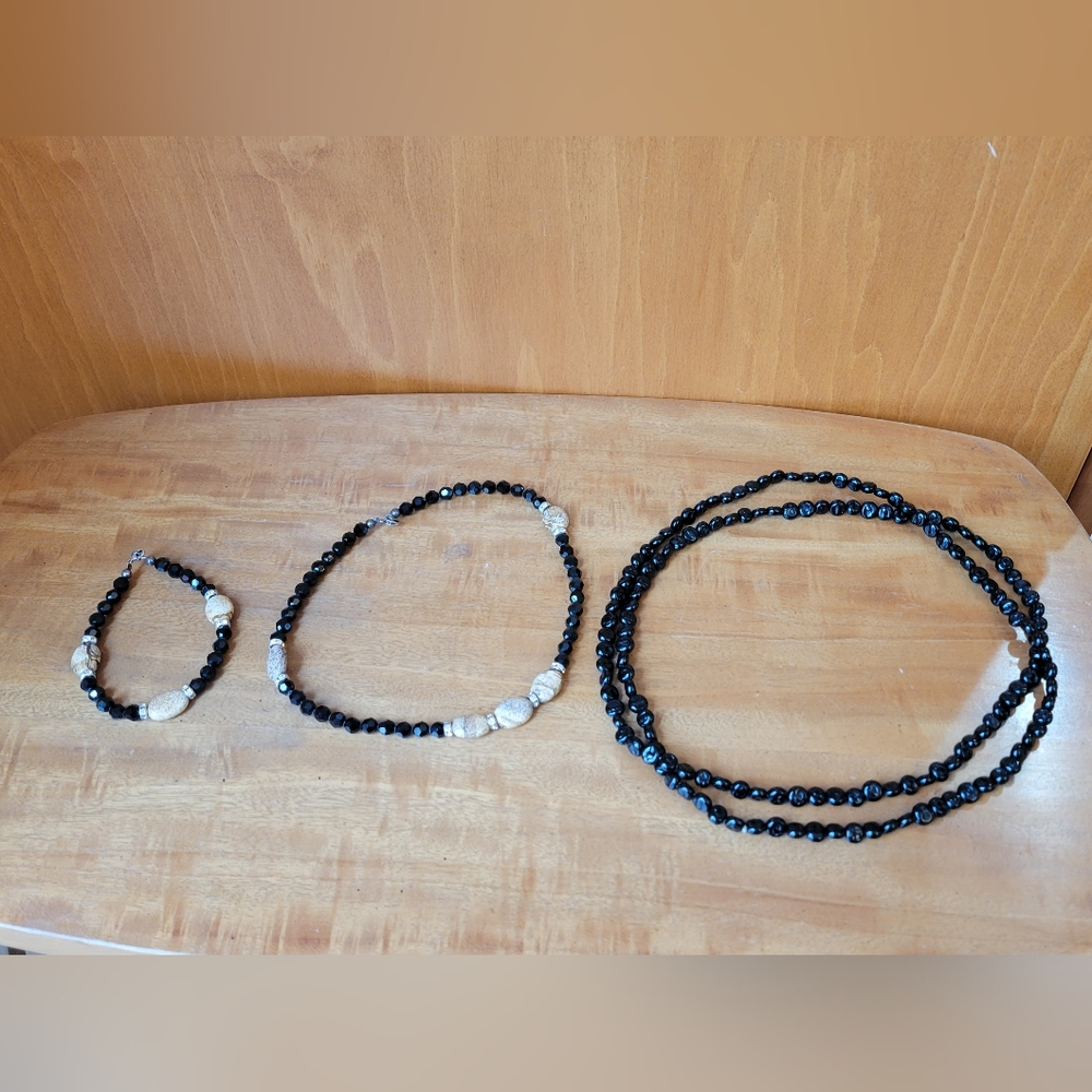 Trio of Small Black Bead Necklace & Bracelet